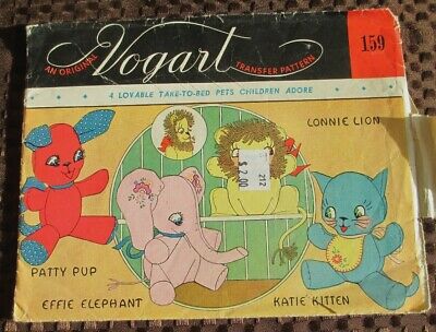 Vintage Vogart Hot Iron Transfer 159 Take-To-Bed Pets Elephant Pup Lion Kitten