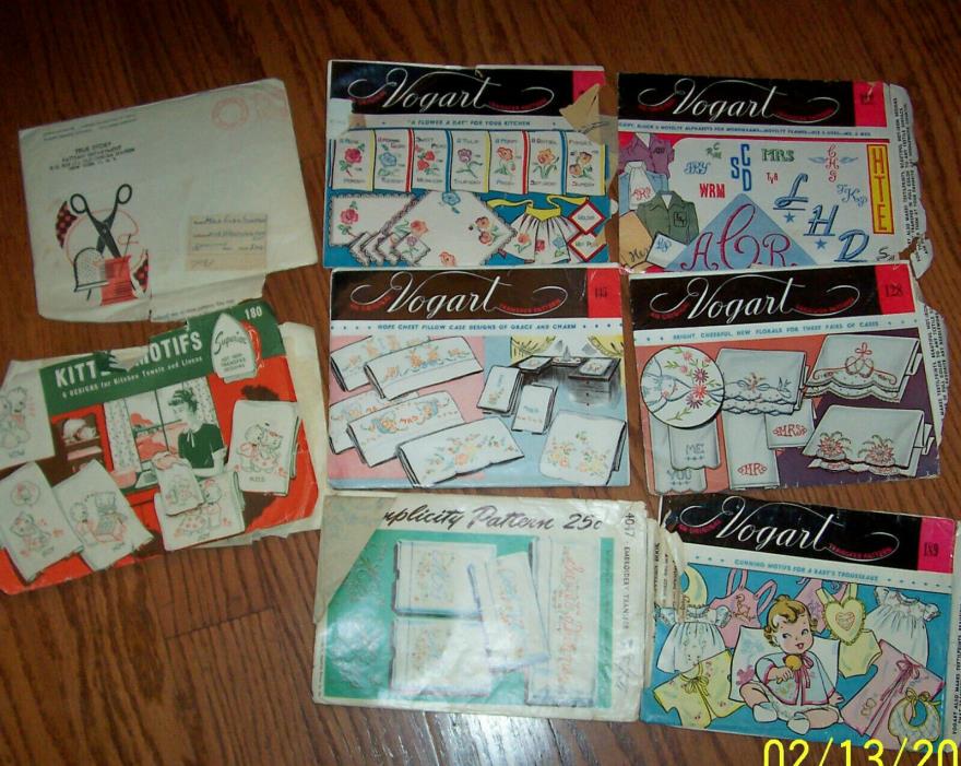 Vintage Vogart Transfer Patterns & Others  Lot 0f 8 Kittens embroidery baby