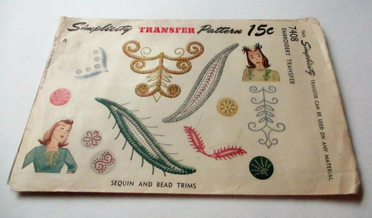 1940s Vintage Simplicity Embroidery Transfer Pattern 7408 Sequin Clothing Trims
