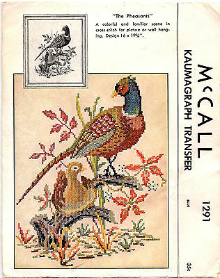 Pheasants Vintage Kaumagraph Transfer 1946 McCall 1291 Cross Stitch Pattern Bird