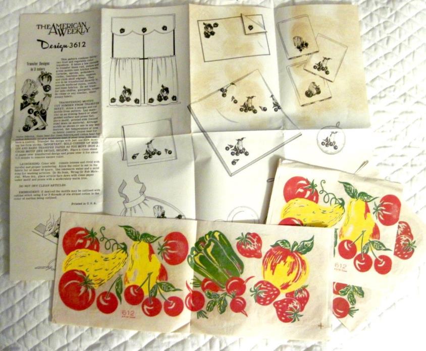 3 Vintage The American Weekly Fruits and Vegetables Transfers Kitchen Linens