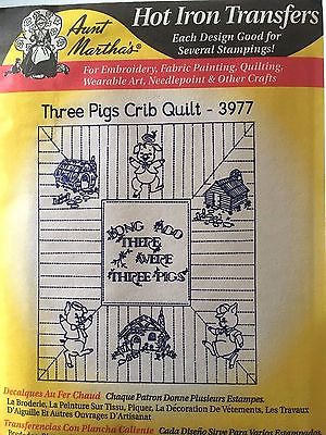 AUNT MARTHA'S IRON-ON TRANSFERS: Three Pigs Crib Quilt, houses, text, cute! 3977