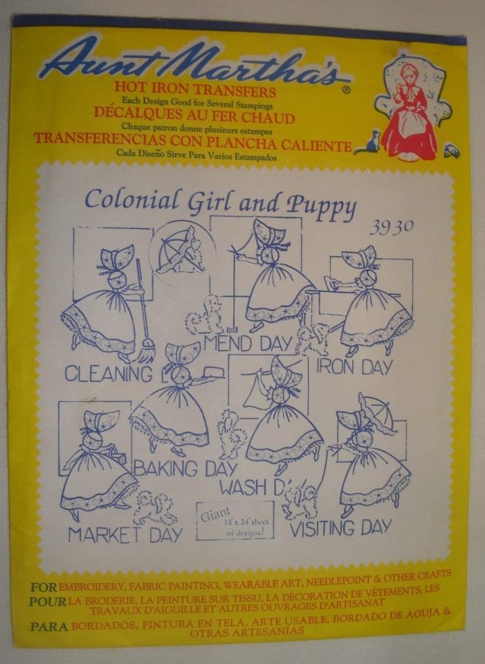 Aunt Martha's Embroidery Transfer Pattern 3930 Colonial Girl Puppy Days of Week