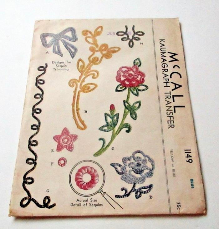 Vintage 1940s McCall Kaumagraph Transfer Pattern 1149 Sequin Trim Flowers Roses