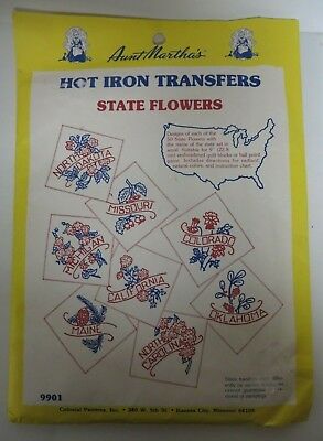 Vintage Aunt Martha's STATE FLOWERS Hot Iron Embroidery Transfers NEW #9901 NIP
