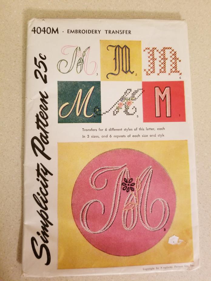Simplicity 4040 M Embroidery Transfers Letter 