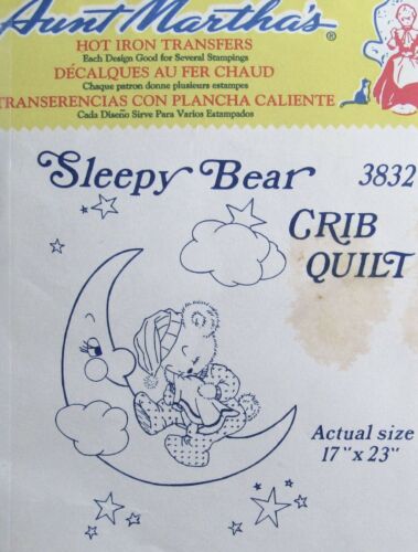 VTG Aunt Marthas 3832 Sleepy Bear Baby Crib Quilt Embroidery Transfer Pattern FF