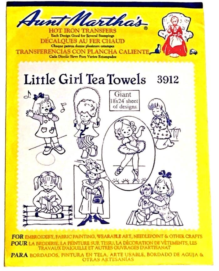 Vintage Aunt Martha's Little Girl Tea Towels 3912 Hot Iron Transfers Uncut