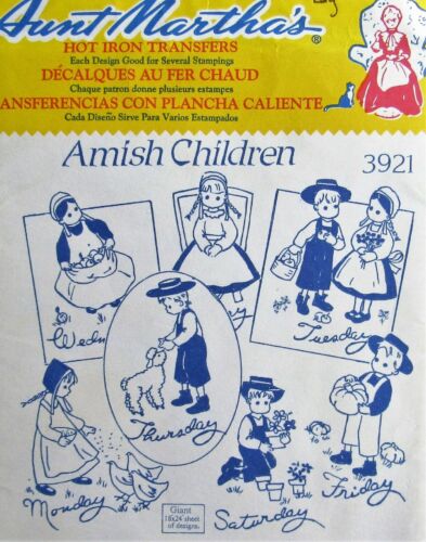 VTG Aunt Marthas 3921 Amish Children Days of Week Embroidery Transfer Pattern FF