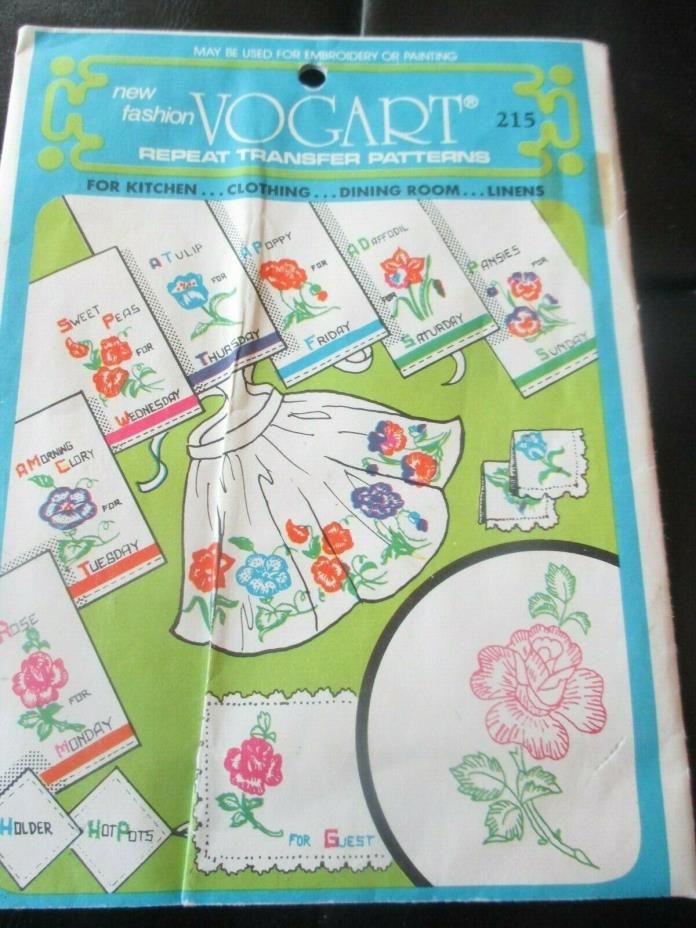 VINTAGE Vogart IRON-ON Embroidery TRANSFERS - #215 DAYS OF THE WEEK FLOWERS