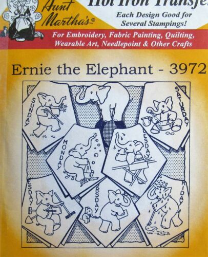 Aunt Marthas 3972 Ernie Elephant Days of Week Towels Embroidery Transfer Pattern