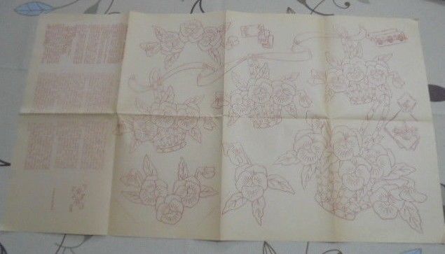 FS EMBROIDERY PATTERN HOT IRON TRANSFER PILLOW CASE BASKETS PANSIES RIBBON LINEN