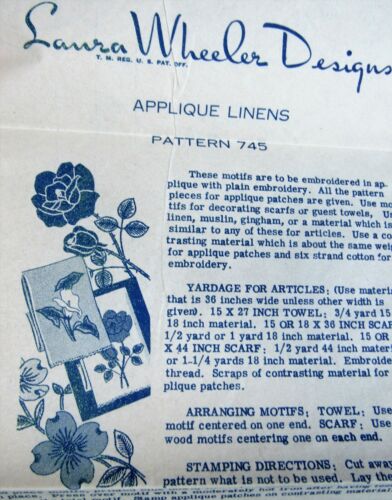 VTG Laura Wheeler 745 Applique Linens Floral Embroidery Transfer Pattern UNUSED