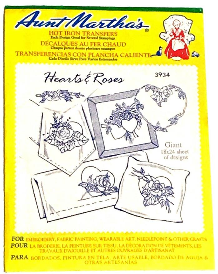 Vintage Aunt Martha's Hearts Roses 3934 Hot Iron Transfers Uncut