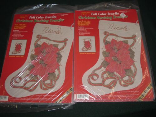 2 Vtg Lot Color Christmas Stocking Shirts Iron On Transfer Crafts Poinsettia #lk