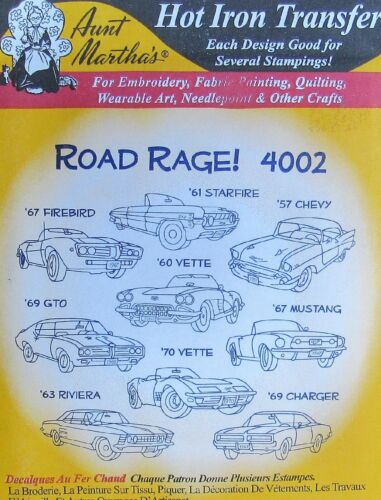 VTG Aunt Martha's 4002 Road Rage Hot Rods Muscle Car Embroidery Transfer Pattern