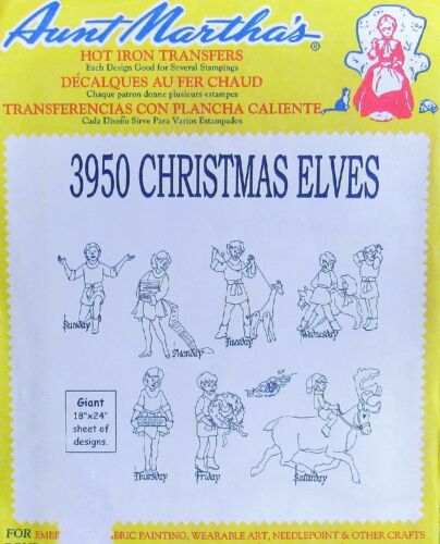 Aunt Martha's 3950 Christmas Elves Days of Week Embroidery Transfer Pattern Elf