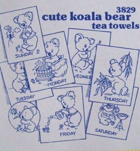 Aunt Marthas 3829 Cute Koala Bear Day of Week Towels Embroidery Transfer Pattern