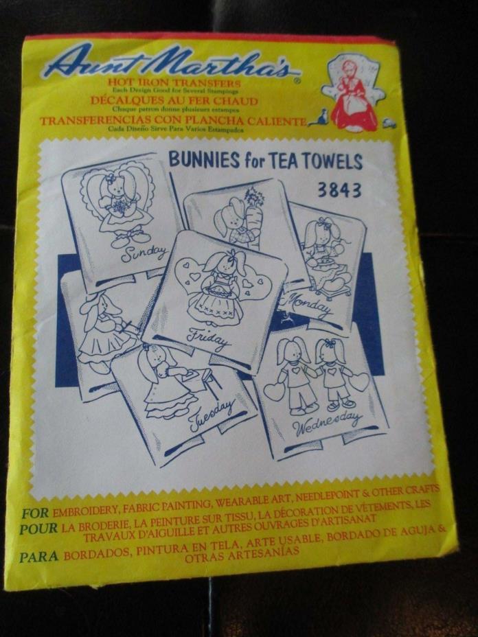 VINTAGE Aunt Martha's IRON-ON Embroidery TRANSFERS- #3843 BUNNIES FOR TEA TOWELS