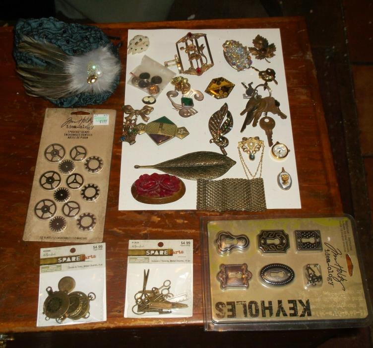 Lot Steampunk Craft Supplies New Vintage Jewelry Gears Hat Keys