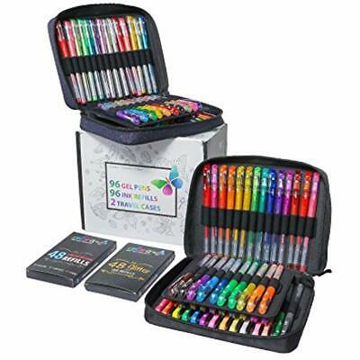 96 Gel Pens For Adult Coloring Books - 2 Travel Case Sets With 72 Glitter, 12
