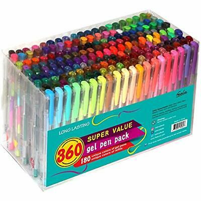 360 Colors Gel Pens Set 180 Unique Plus Refills For Adult Coloring Books Drawing