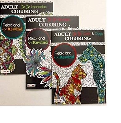 BENDON ADULT COLORING BOOKS 3 RELAX AND REWIND MANDALAS CATS AND DOGS & FLOWERS