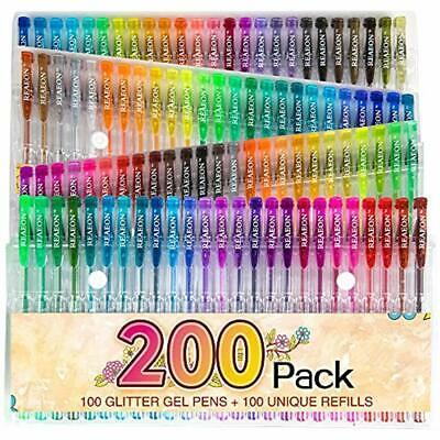 200 Glitter Gel Pen Set, Reaeon 100 Markers Plus Colors Refills Neon For Adults
