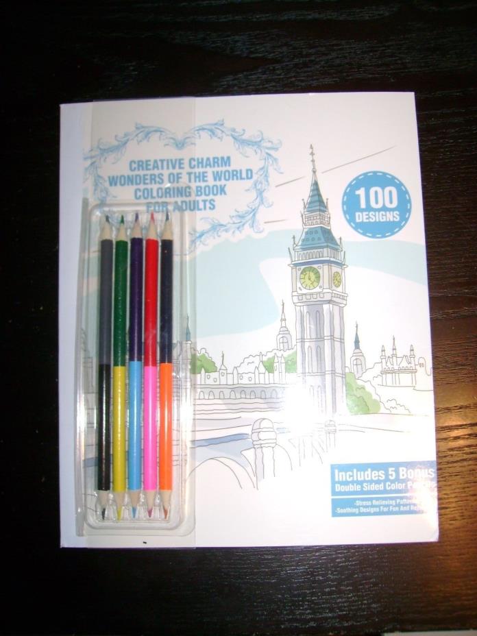 CREATIVE CHARM Coloring Book for Adults  Wonders of the World W/ 5 Bonus Pencils