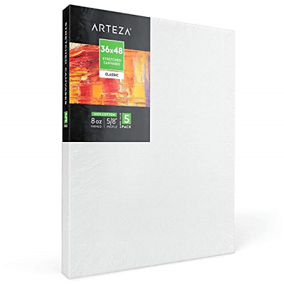Arteza 36x48” Stretched White Blank Canvas, Bulk Pack of 5, Primed, 100% Cotton
