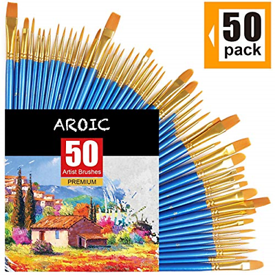 AROIC Paintbrushes Set, 50 pcs Nylon Hair Brushes for Acrylic Oil Watercolor