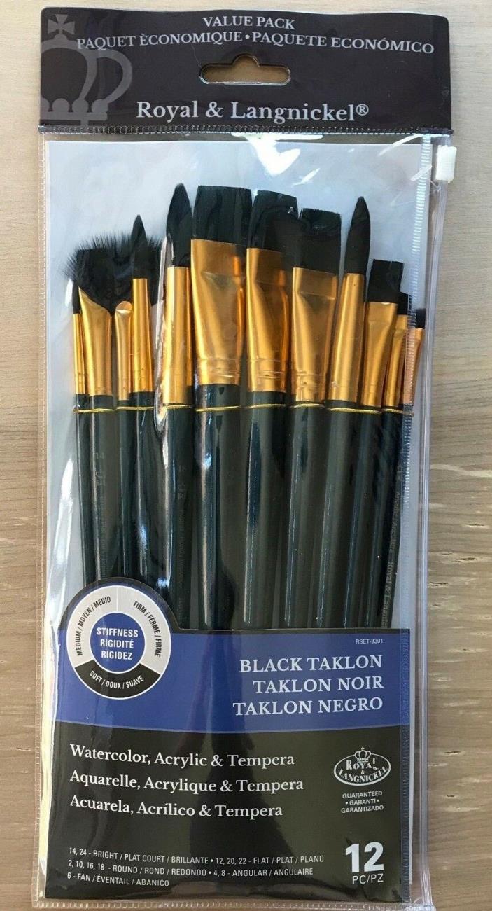 Royal & Langnickel Black Taklon Brushes, Set of 12, Watercolor, Acrylic, Tempera