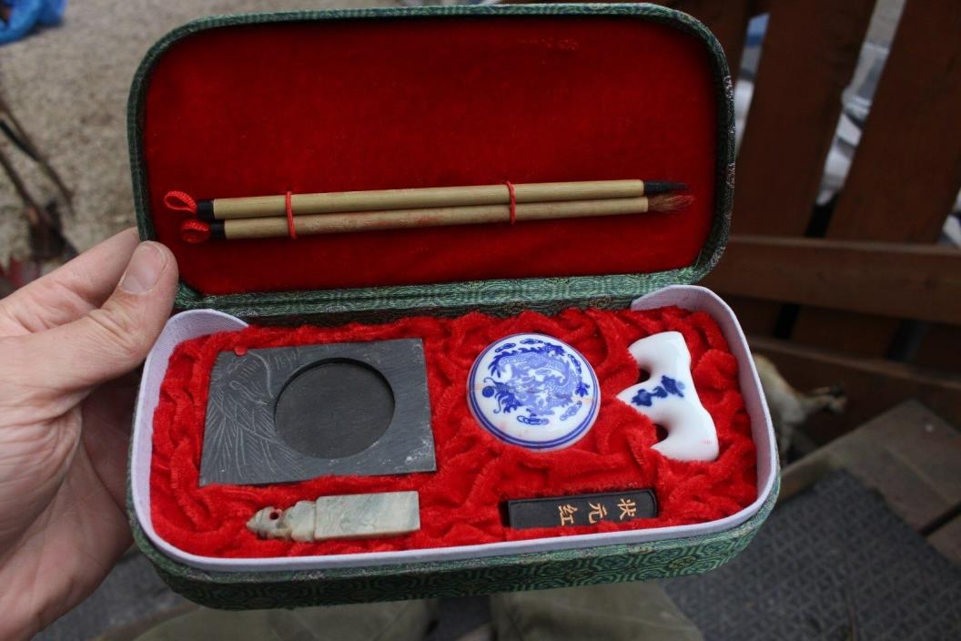 Vintage Chinese Paint Printing Set With Brushes Case Inkwell Art