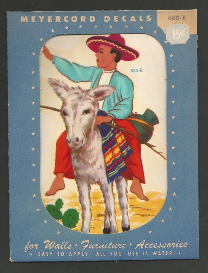 Vintage 1940's Meyercord Decal - Old Mexico Theme Donkey & Rider With Sombrero