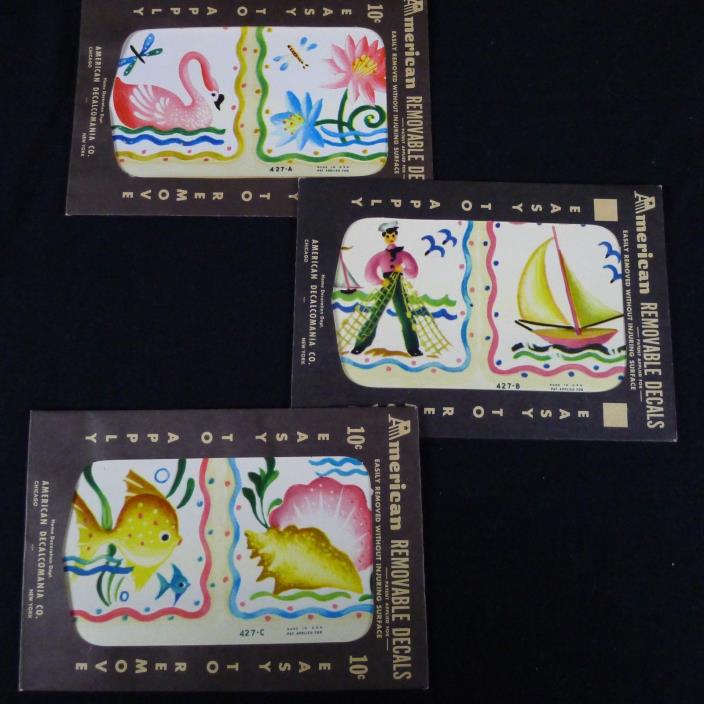 Vintage Removable Decals Lot of 3 Sailor Boat Swan Lotus Fish Shell American
