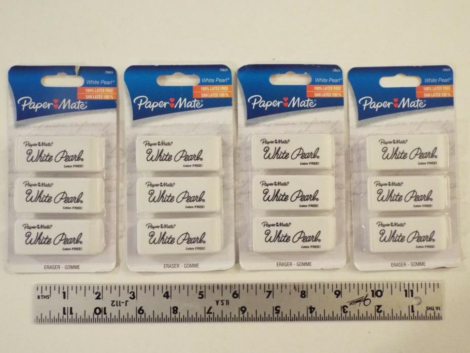 12 NEW-lot-PAPERMATE WHITE PEARL ERASERS-4 Pk-Latex Free-Pencil Mark Removers