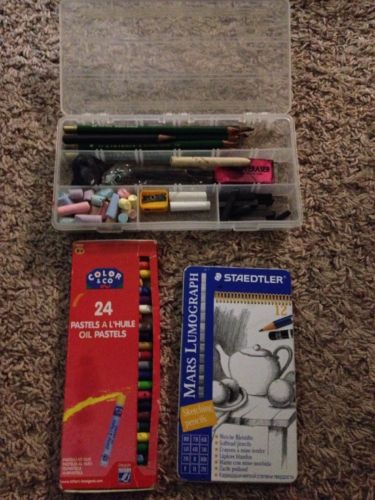 Art Utensil Lot Charcoal Graphite Eraser 20 Art Pencils Chalk 24 Oil Pastels