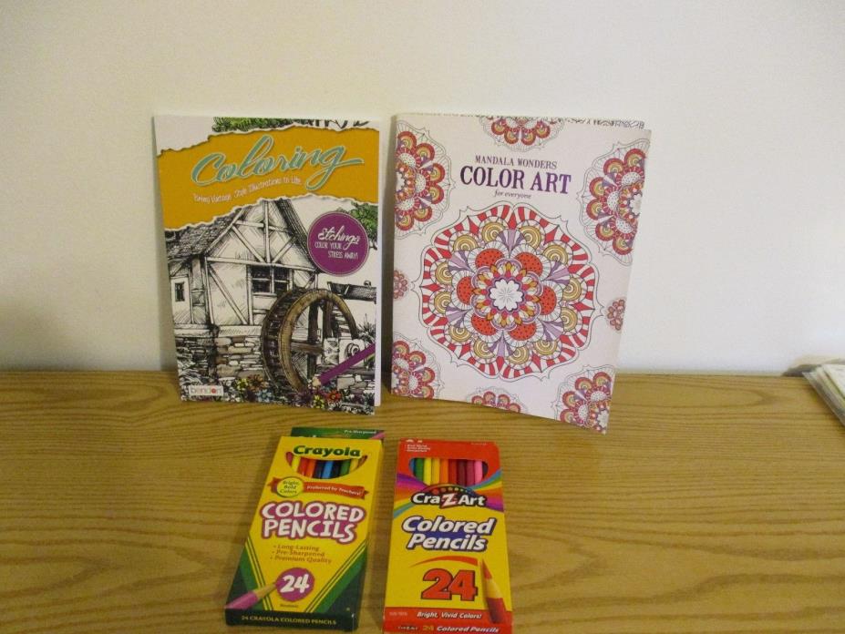 2 ADULT COLORING BOOKS & 2 BOXES COLORED PENCILS