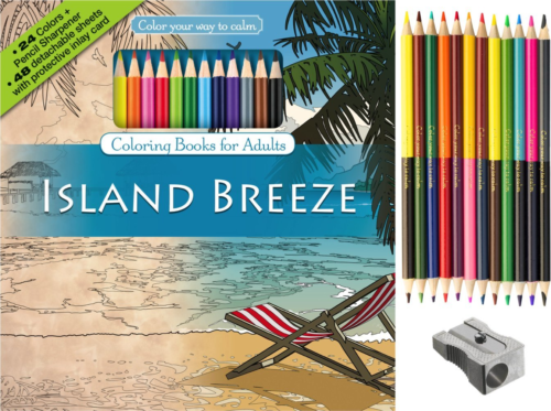 Island Breeze Adult Coloring Book Set With 24 Colored Pencils And Pencil Color