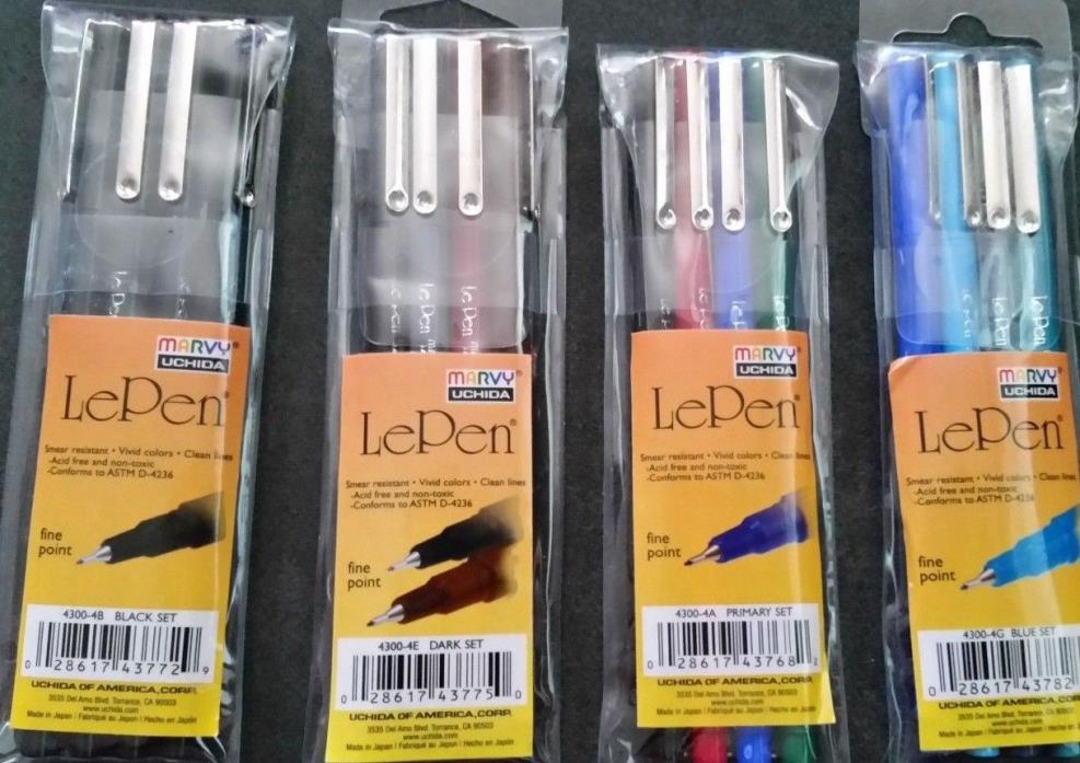 Marvy Le Pen 4 Packs of 4 Fine Point Pens (16 Pens) Primary, Dark, Black, & Blue