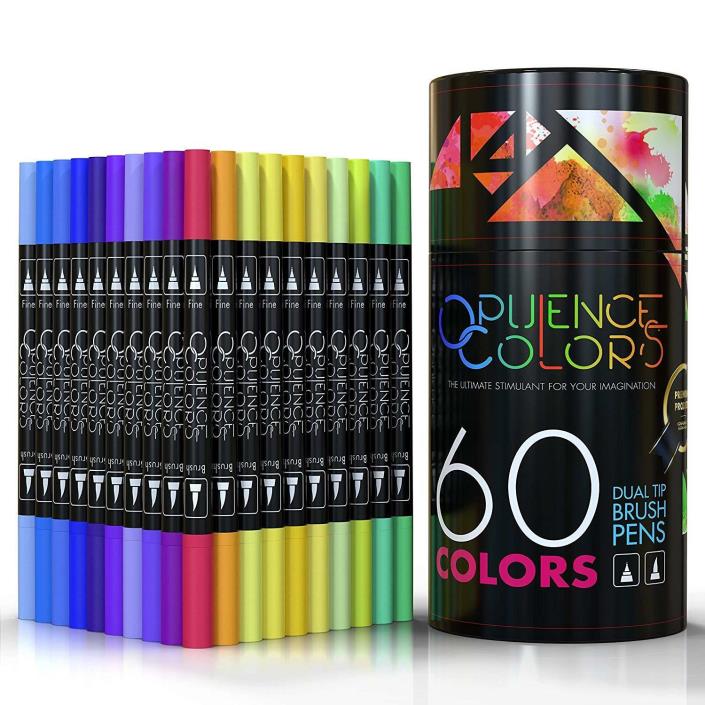 Opulence Colors 60 Dual Tip Brush Pens Fineliner Tip 0.4mm Markers FAST SHIPPING