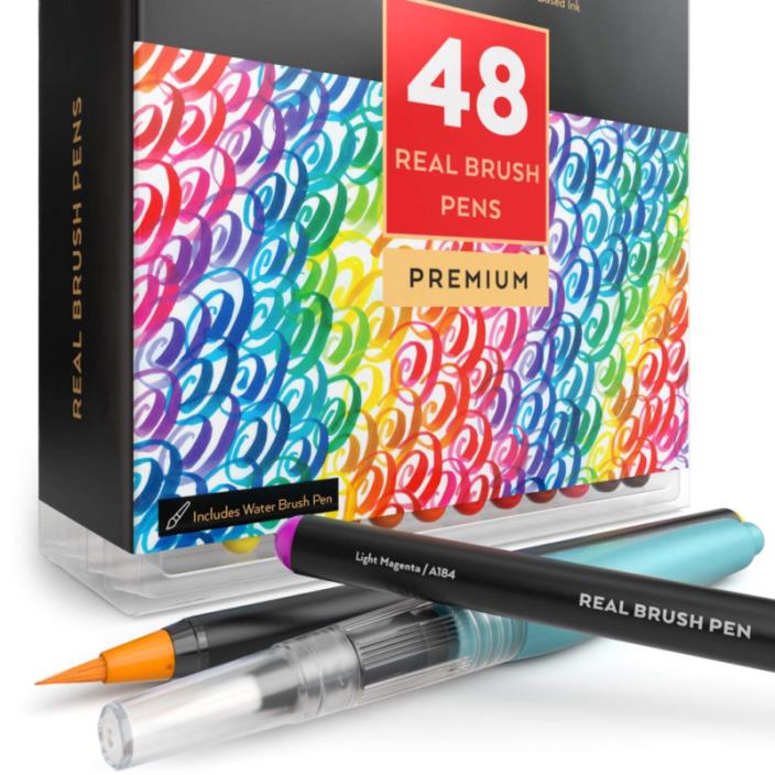 Arteza Real Brush Pens, 48 Colors for Watercolor Painting with Flexible Nylon Ti