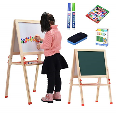 LINAZI Easel for Kids .Double Sided Magnetic Drawing Boardl for Chalk Board &