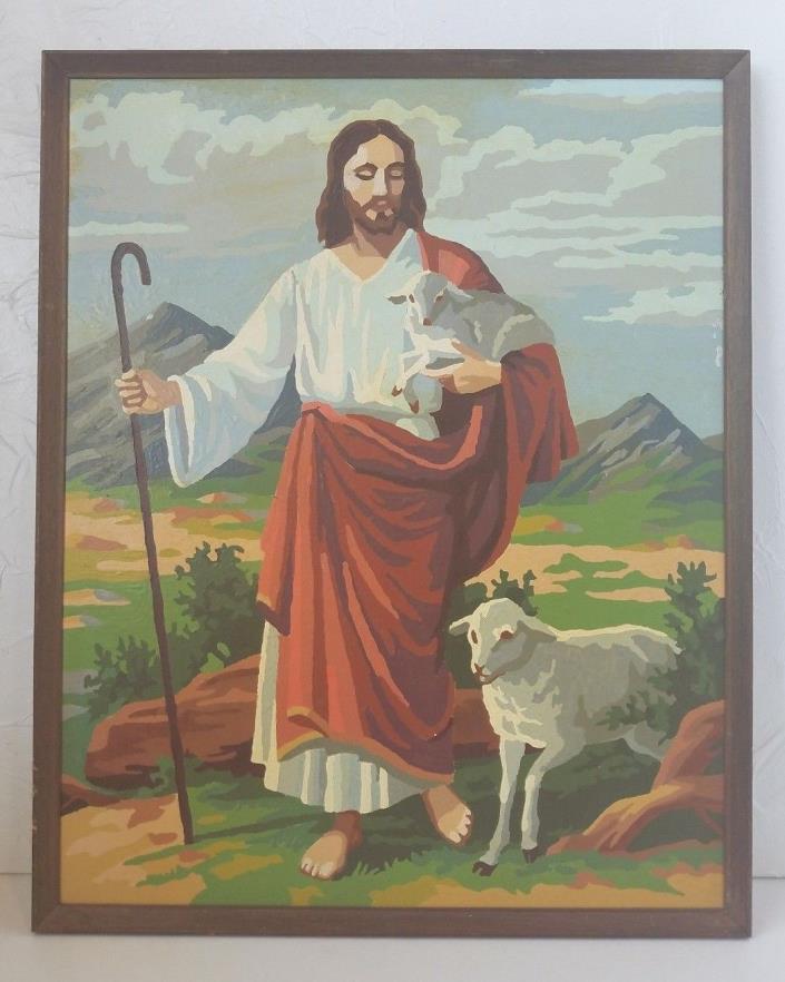 VINTAGE PAINT BY NUMBER JESUS CHRIST FRAMED PAINTING Lambs