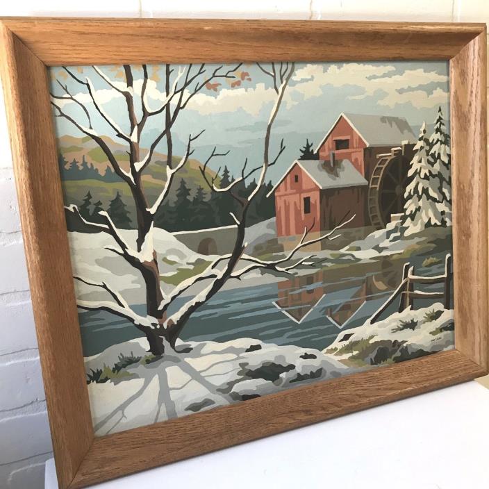 Vintage Paint by Number Painting Framed Water Wheel Mill House in Winter 22