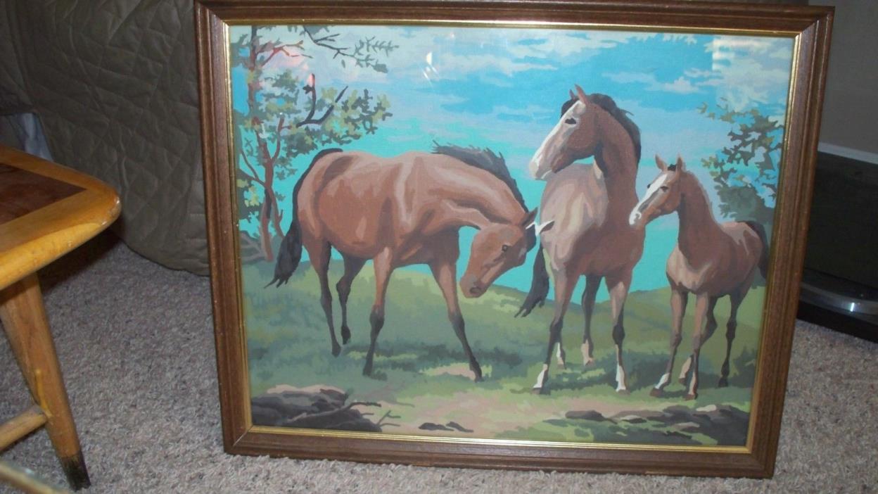 Vintage paint by number horses 22x18 framed with glass