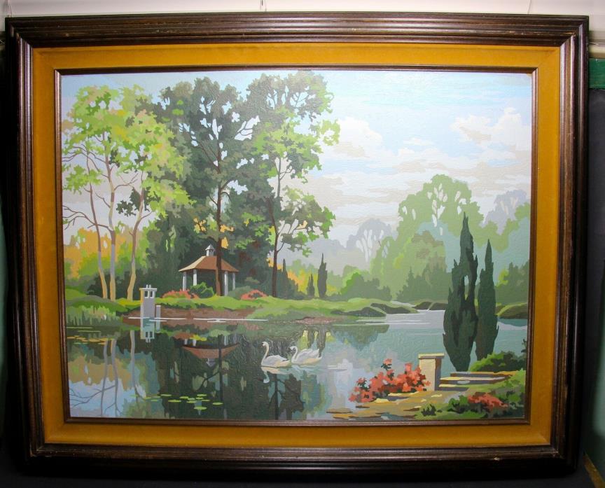 Vintage 1950s finished PAINT by NUMBERS Swans Lake Landscape Framed Large 24x30