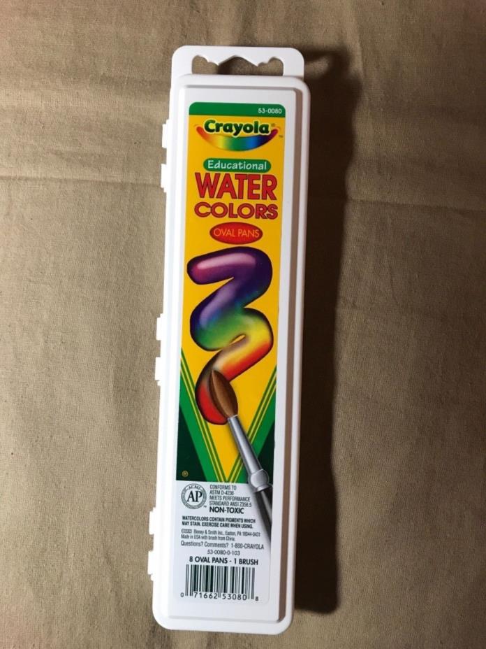 Crayola Educational Water Colors 8 Oval Pans - 1 Brush, New, Non Toxic
