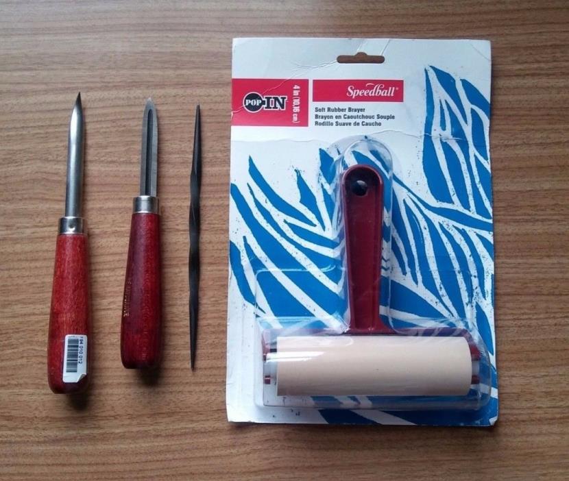New Brayer and Curved Burnisher & Used Twisted Etching Needle and Hollow Scraper