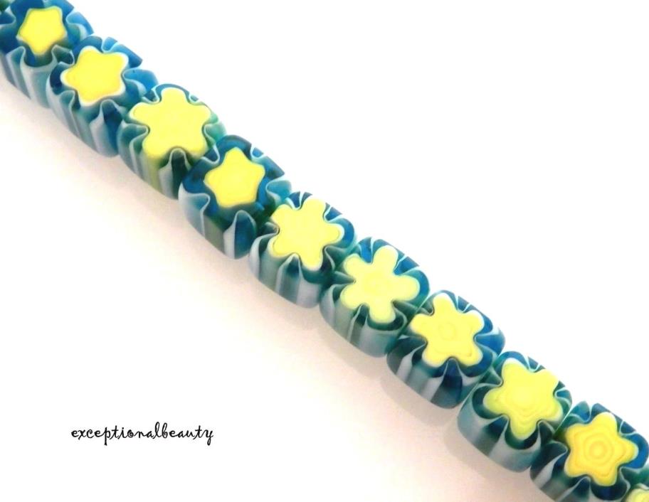 48 Millefiori Chevron Glass White Aqua Blue Yellow Flower 8mm Square Cube Beads